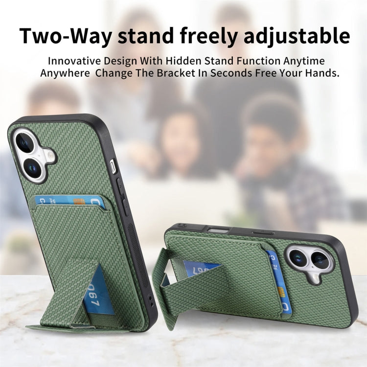 For iPhone 16 Plus Carbon Fiber Card Bag Fold Stand Phone Case