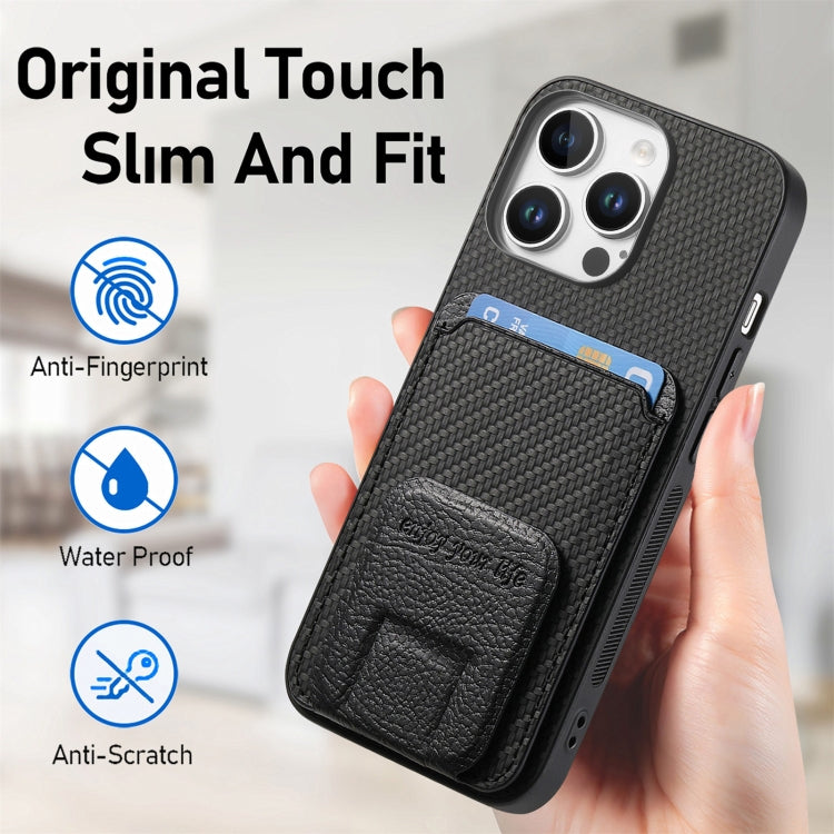 For iPhone 16 Pro Carbon Fiber Card Bag Fold Stand Phone Case