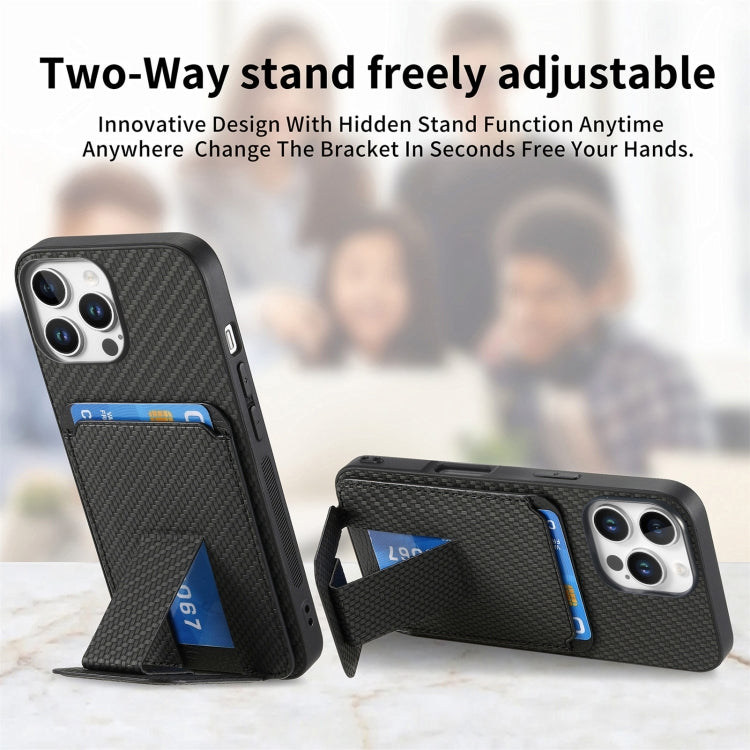 For iPhone 16 Pro Carbon Fiber Card Bag Fold Stand Phone Case