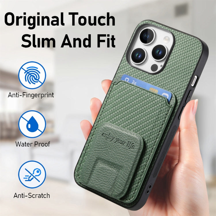 For iPhone 16 Pro Carbon Fiber Card Bag Fold Stand Phone Case