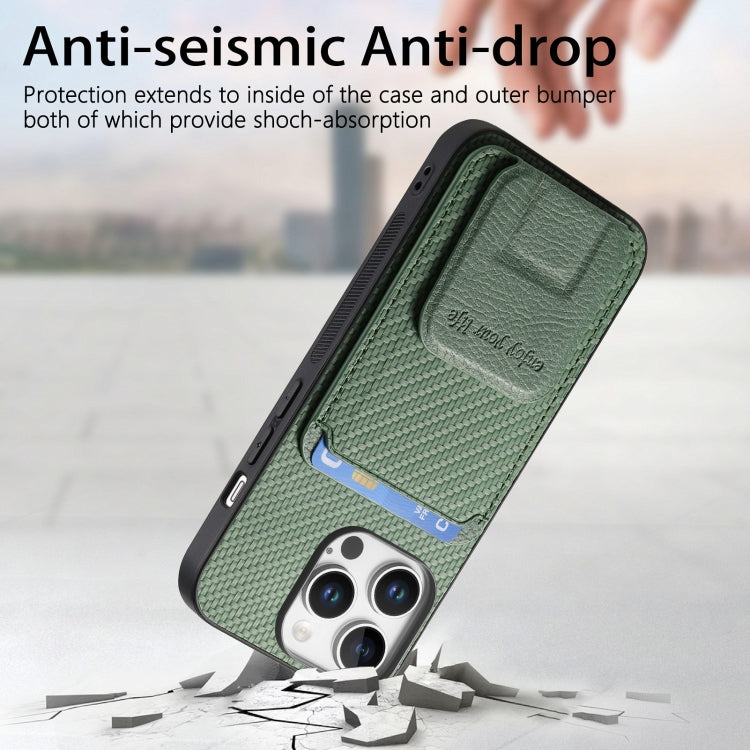 For iPhone 16 Pro Max Carbon Fiber Card Bag Fold Stand Phone Case