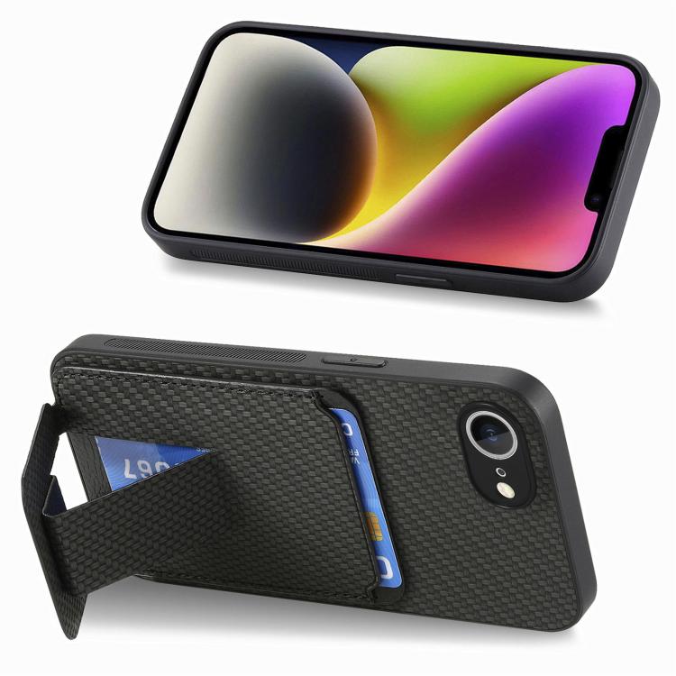 For iPhone 17e / 16e Carbon Fiber Card Bag Fold Stand Phone Case