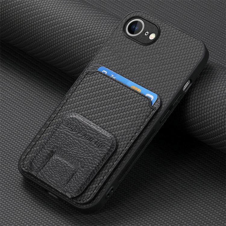 For iPhone 17e / 16e Carbon Fiber Card Bag Fold Stand Phone Case