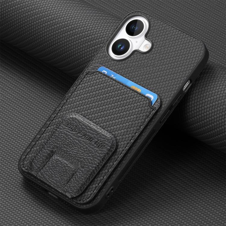 For iPhone 17 Carbon Fiber Card Bag Fold Stand Phone Case