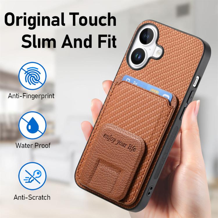 For iPhone 17 Carbon Fiber Card Bag Fold Stand Phone Case