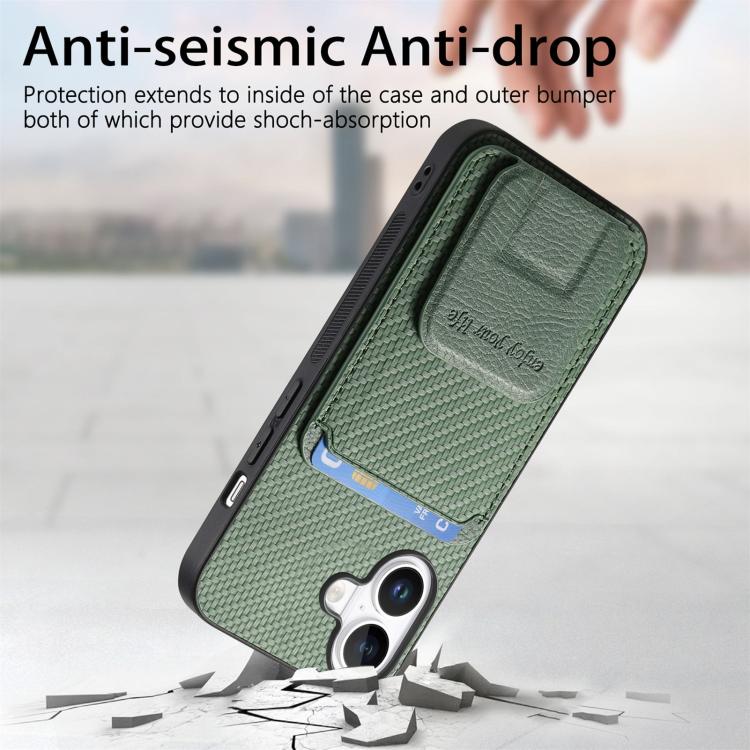 For iPhone 17 Carbon Fiber Card Bag Fold Stand Phone Case