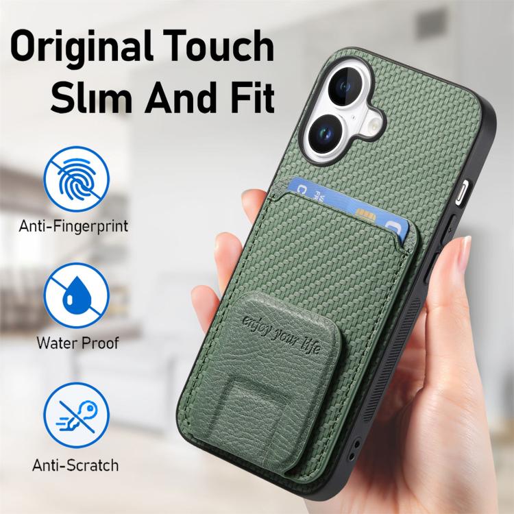For iPhone 17 Carbon Fiber Card Bag Fold Stand Phone Case
