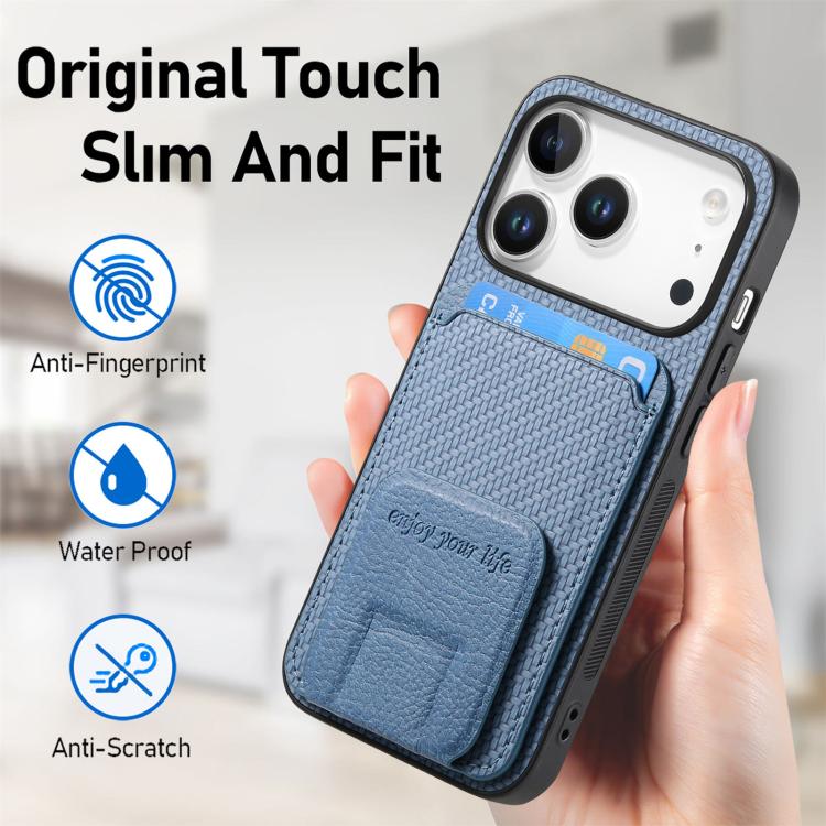 For iPhone 17 Pro Carbon Fiber Card Bag Fold Stand Phone Case