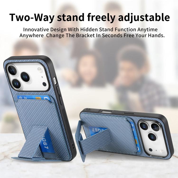 For iPhone 17 Pro Carbon Fiber Card Bag Fold Stand Phone Case