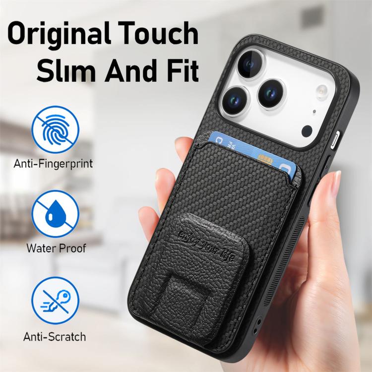For iPhone 17 Pro Carbon Fiber Card Bag Fold Stand Phone Case