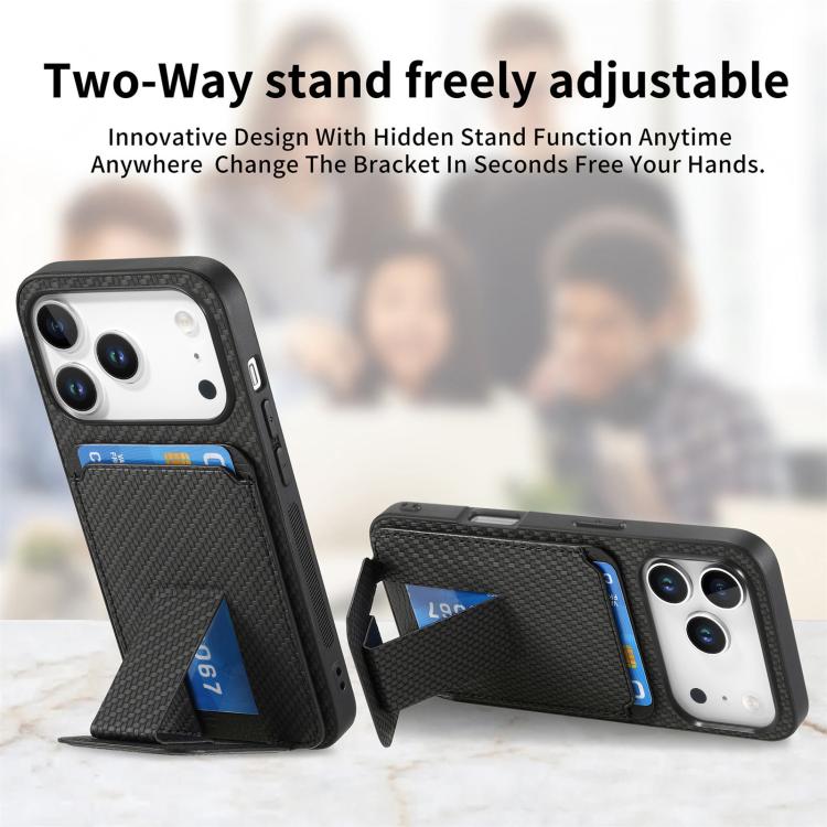 For iPhone 17 Pro Carbon Fiber Card Bag Fold Stand Phone Case