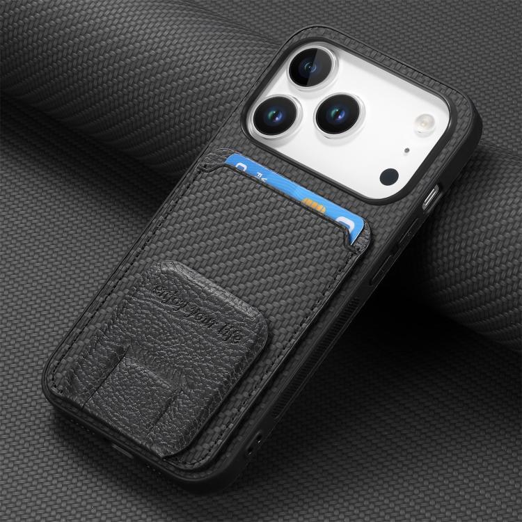 For iPhone 17 Pro Carbon Fiber Card Bag Fold Stand Phone Case