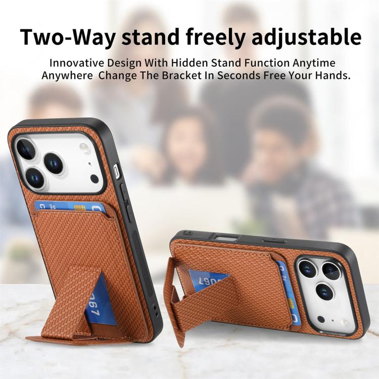 For iPhone 17 Pro Carbon Fiber Card Bag Fold Stand Phone Case