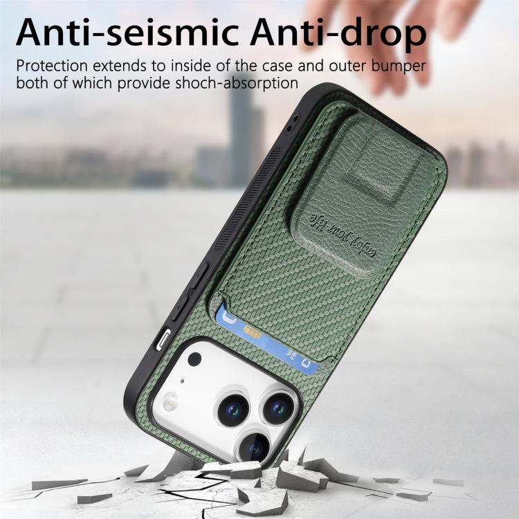 For iPhone 17 Pro Carbon Fiber Card Bag Fold Stand Phone Case