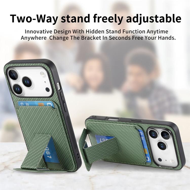 For iPhone 17 Pro Carbon Fiber Card Bag Fold Stand Phone Case