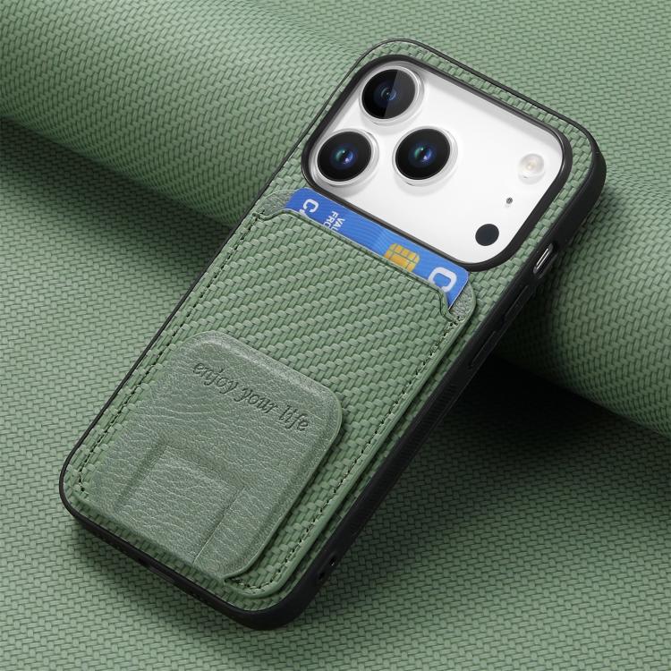 For iPhone 17 Pro Carbon Fiber Card Bag Fold Stand Phone Case