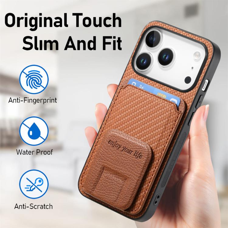 For iPhone 17 Pro Max Carbon Fiber Card Bag Fold Stand Phone Case