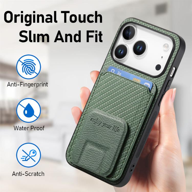 For iPhone 17 Pro Max Carbon Fiber Card Bag Fold Stand Phone Case