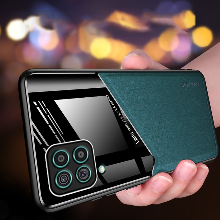 For Samsung Galaxy F62 All-inclusive Leather Organic Glass Phone Case with Metal Iron Sheet