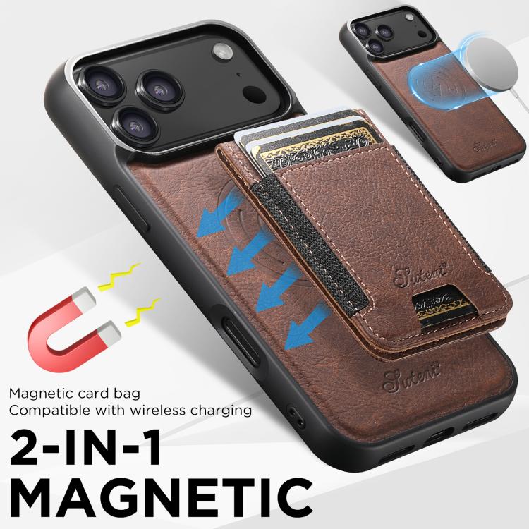 For iPhone 17 Pro Suteni H17 Litchi Texture Leather MagSafe Detachable Wallet Phone Case