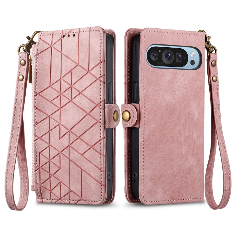 For Google Pixel 9 Geometric Zipper Wallet Side Buckle Leather Phone Case