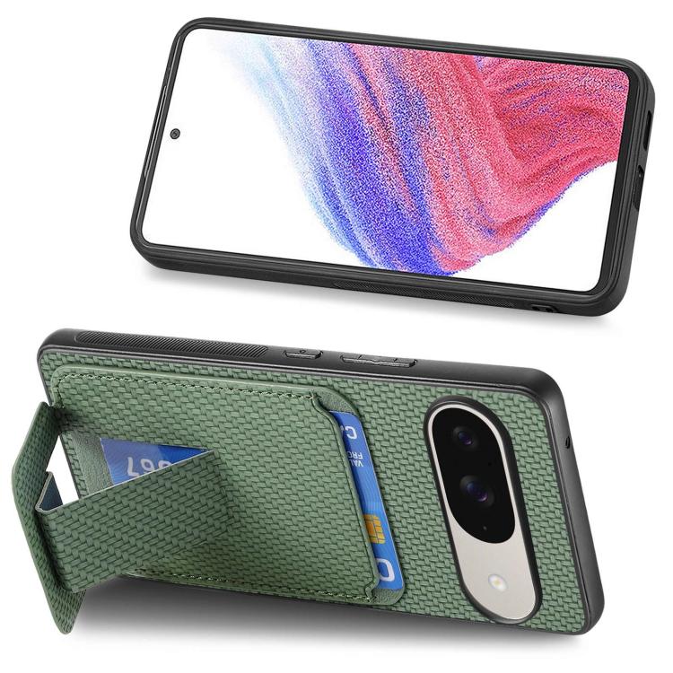 For Google Pixel 9 / 9 Pro Carbon Fiber Card Bag Fold Stand Phone Case
