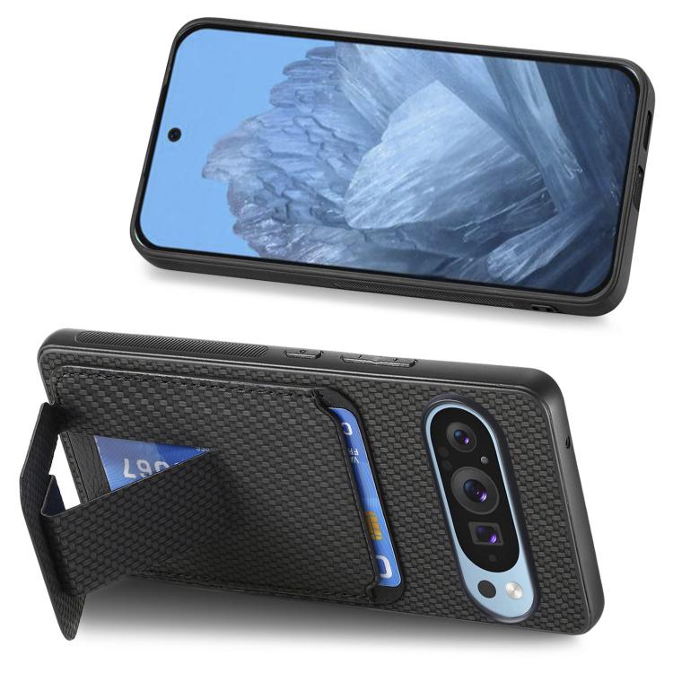 For Google Pixel 9 Pro XL Carbon Fiber Card Bag Fold Stand Phone Case
