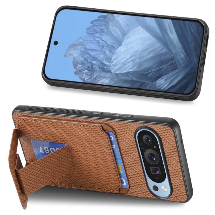 For Google Pixel 9 Pro XL Carbon Fiber Card Bag Fold Stand Phone Case