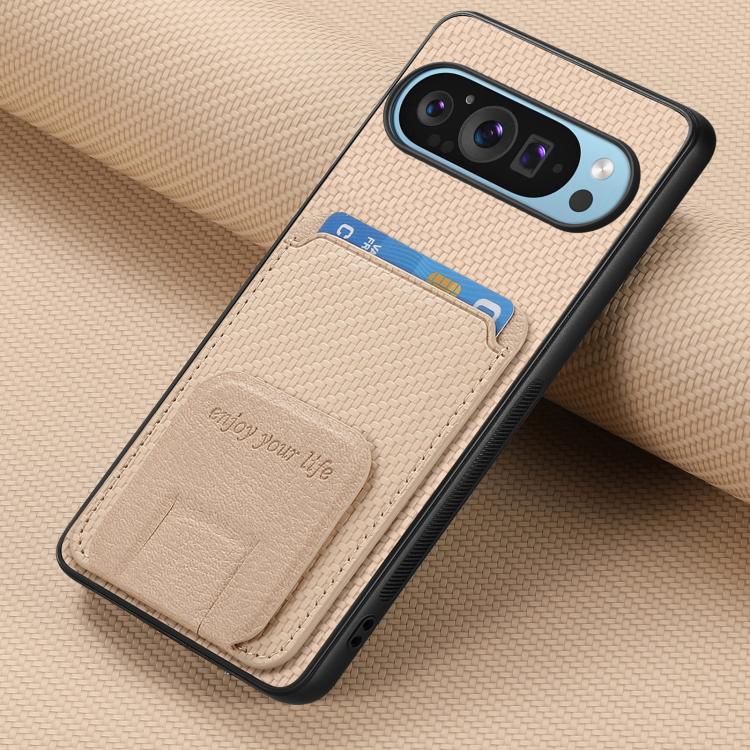 For Google Pixel 9 Pro XL Carbon Fiber Card Bag Fold Stand Phone Case