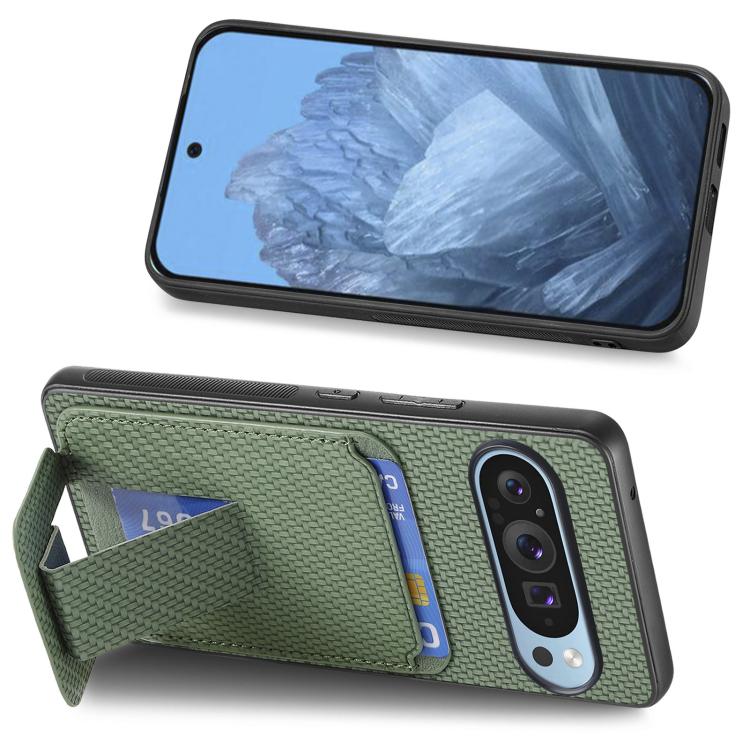 For Google Pixel 9 Pro XL Carbon Fiber Card Bag Fold Stand Phone Case