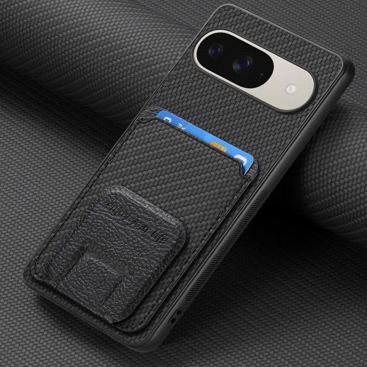 For Google Pixel 10 / 10 Pro Carbon Fiber Card Bag Fold Stand Phone Case
