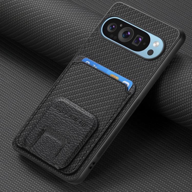 For Google Pixel 10 Pro XL Carbon Fiber Card Bag Fold Stand Phone Case