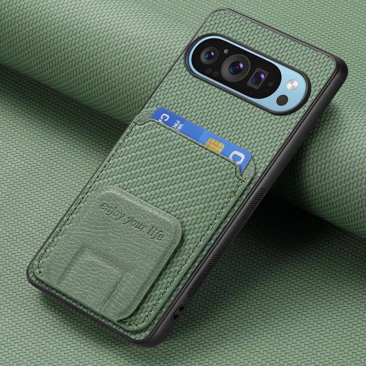 For Google Pixel 10 Pro XL Carbon Fiber Card Bag Fold Stand Phone Case