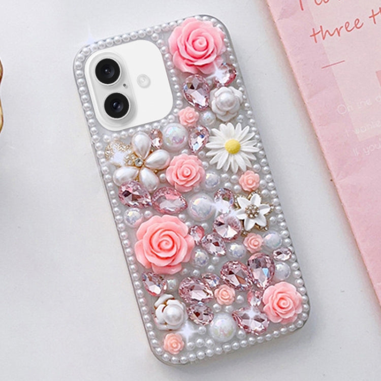 For iPhone 16 Rose Hand-set Diamond PC Phone Case