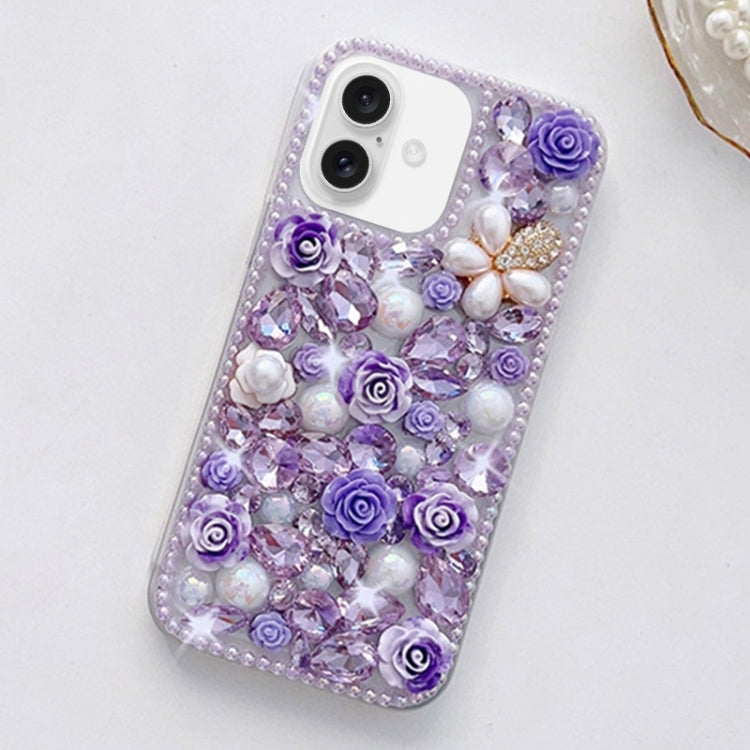 For iPhone 16 Plus Rose Hand-set Diamond PC Phone Case