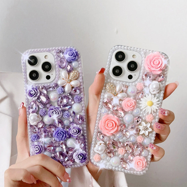 For iPhone 16 Plus Rose Hand-set Diamond PC Phone Case