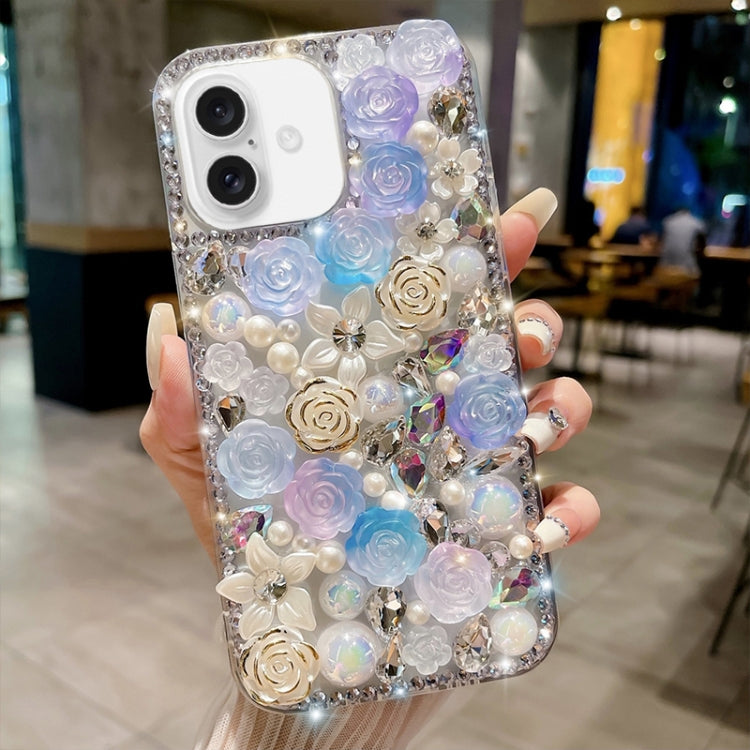 For iPhone 16 Rose Hand-set Pearl Diamond PC Phone Case