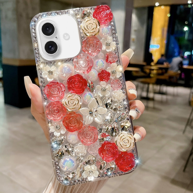 For iPhone 16 Rose Hand-set Pearl Diamond PC Phone Case