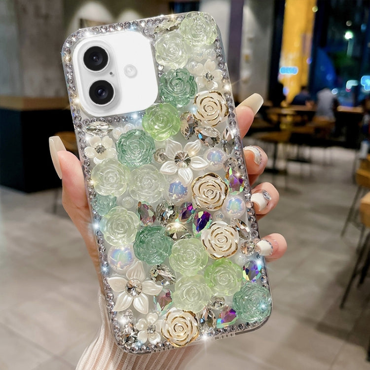 For iPhone 16 Rose Hand-set Pearl Diamond PC Phone Case