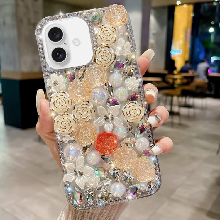 For iPhone 16 Rose Hand-set Pearl Diamond PC Phone Case