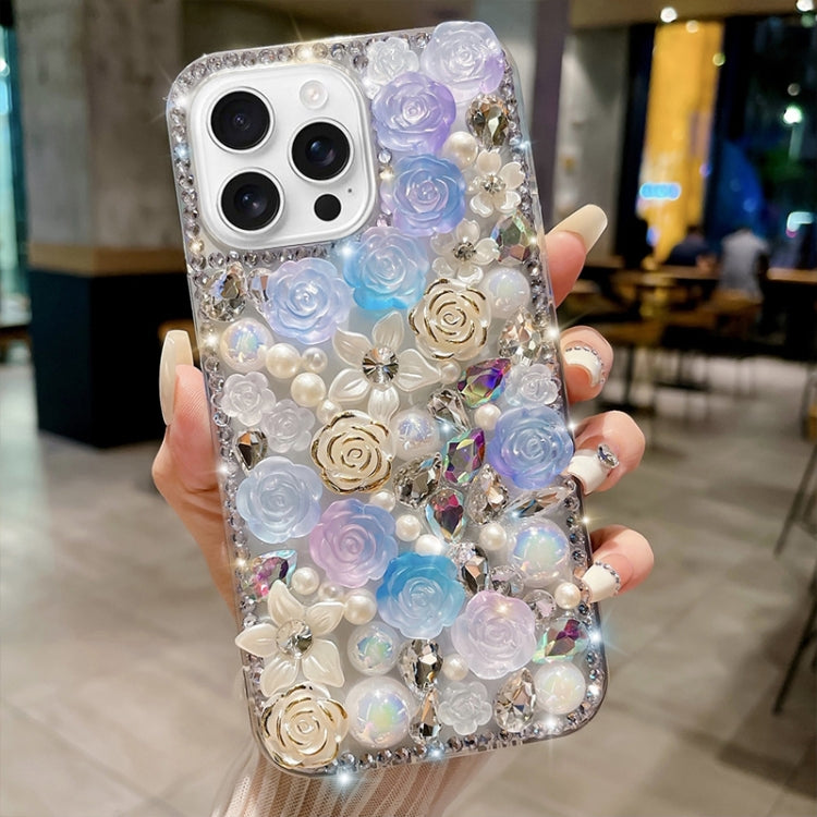 For iPhone 16 Pro Rose Hand-set Pearl Diamond PC Phone Case