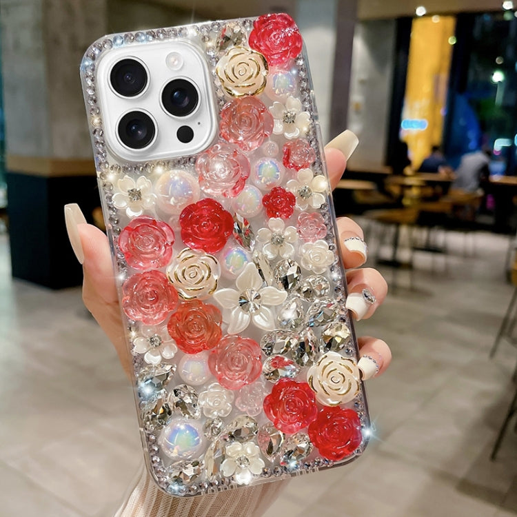 For iPhone 16 Pro Rose Hand-set Pearl Diamond PC Phone Case