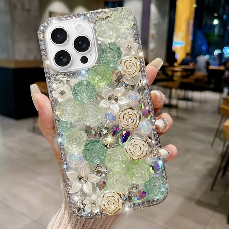 For iPhone 16 Pro Rose Hand-set Pearl Diamond PC Phone Case
