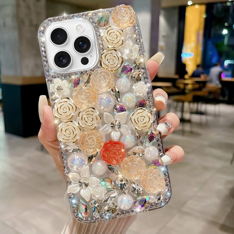 For iPhone 16 Pro Max Rose Hand-set Pearl Diamond PC Phone Case