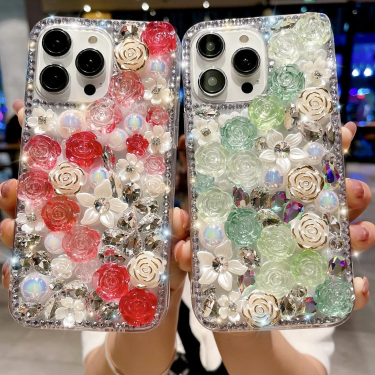 For iPhone 16 Pro Rose Hand-set Pearl Diamond PC Phone Case