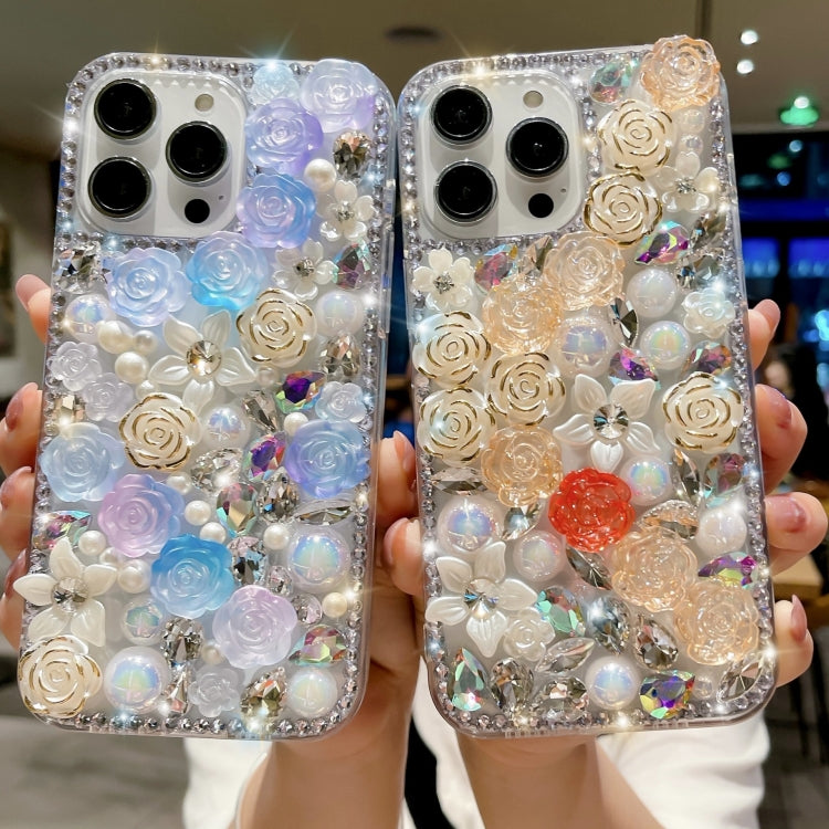 For iPhone 16 Rose Hand-set Pearl Diamond PC Phone Case