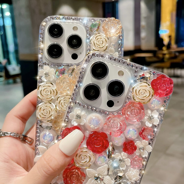 For iPhone 16 Rose Hand-set Pearl Diamond PC Phone Case