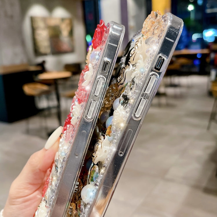 For iPhone 16 Rose Hand-set Pearl Diamond PC Phone Case