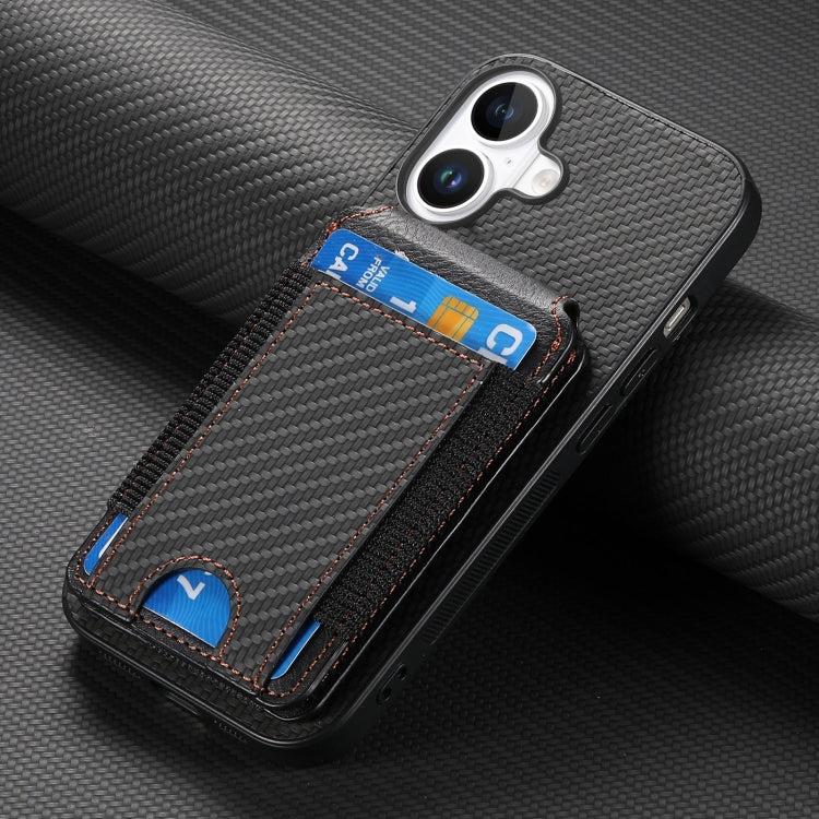 For iPhone 16 Carbon Fiber Vertical Flip Wallet Stand Phone Case