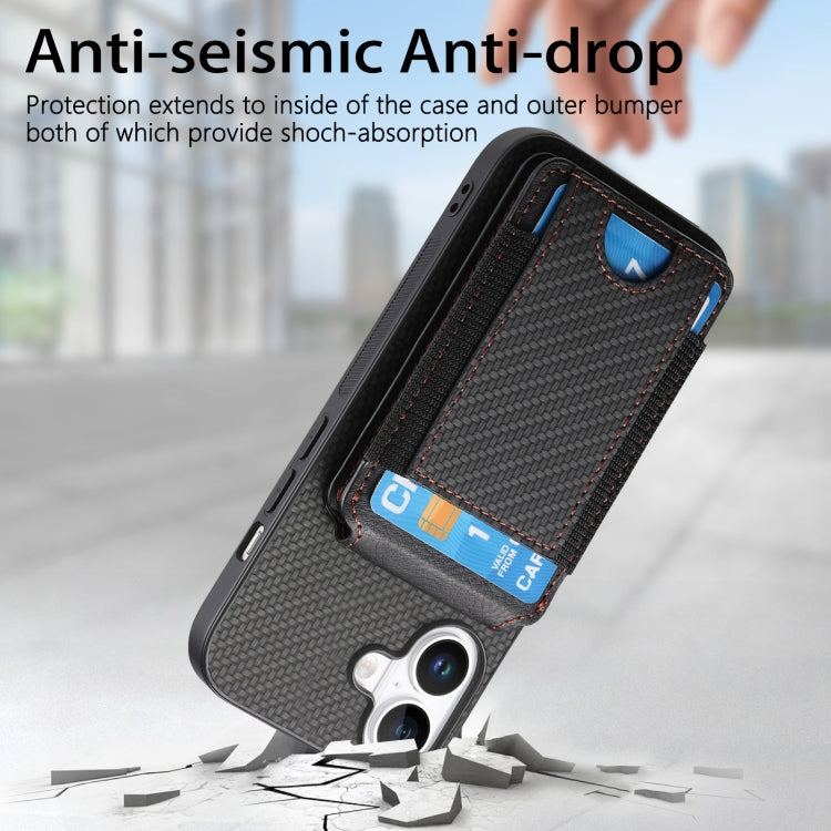 For iPhone 16 Carbon Fiber Vertical Flip Wallet Stand Phone Case